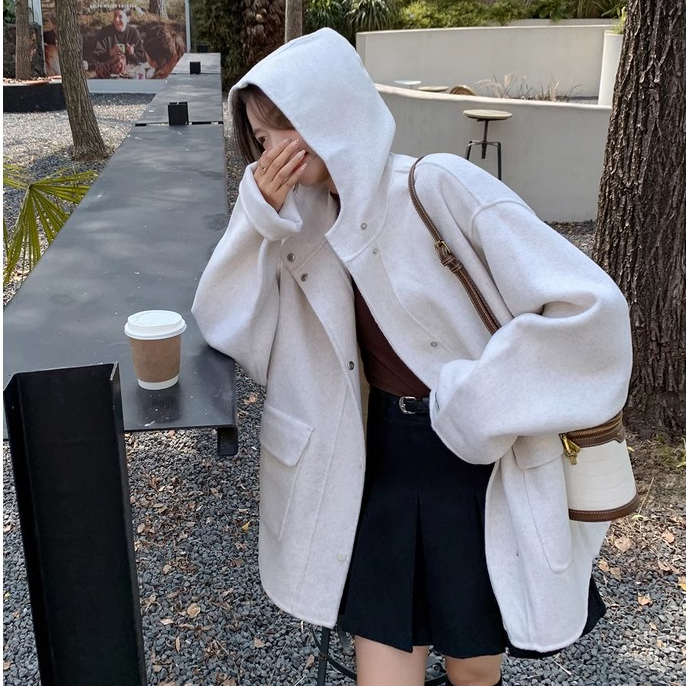 2023秋冬赫本風時尚設計感純色外套韓版新款簡約小個子毛呢外套女