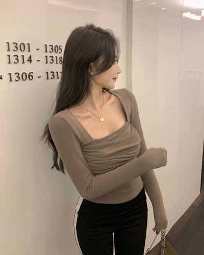Pure lust style V-neck top for women in autumn with base layer hot girl sexy short tight long-sleeved T-shirt
