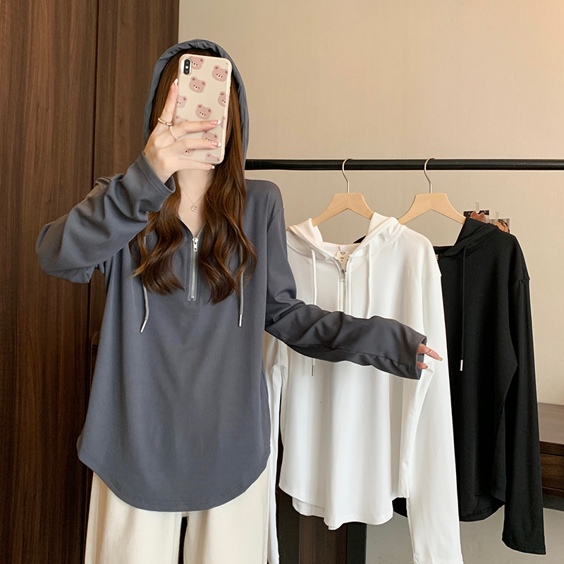 Real shot Autumn Korean version 250g hooded solid color mid-length large size bottoming shirt long-sleeved T-shirt for women