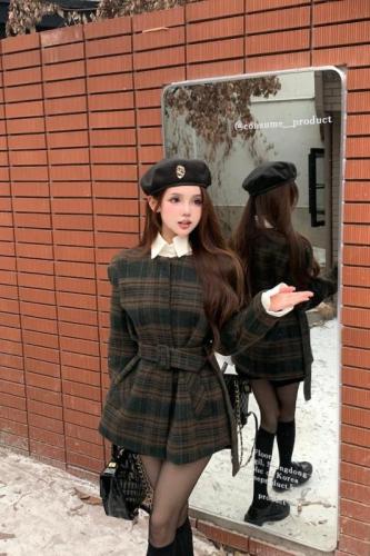 Actual shot of Korean style slimming mid-length fake two-piece thickened warm long-sleeved plaid woolen jacket