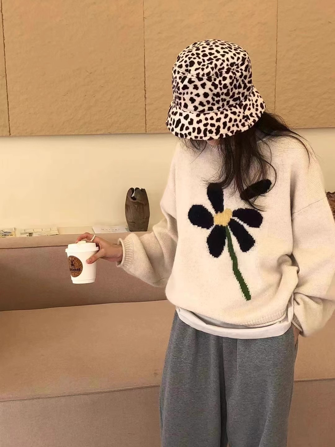 天貓質量慵懶風ins韓系寬鬆花朵針織衫超好看套頭毛衣設計感