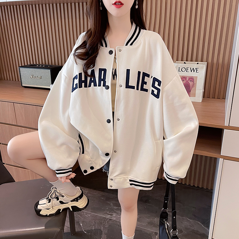 實拍 寬鬆連帽棒球服外套女春秋設計感小眾撞色拼接字母刺繡開衫