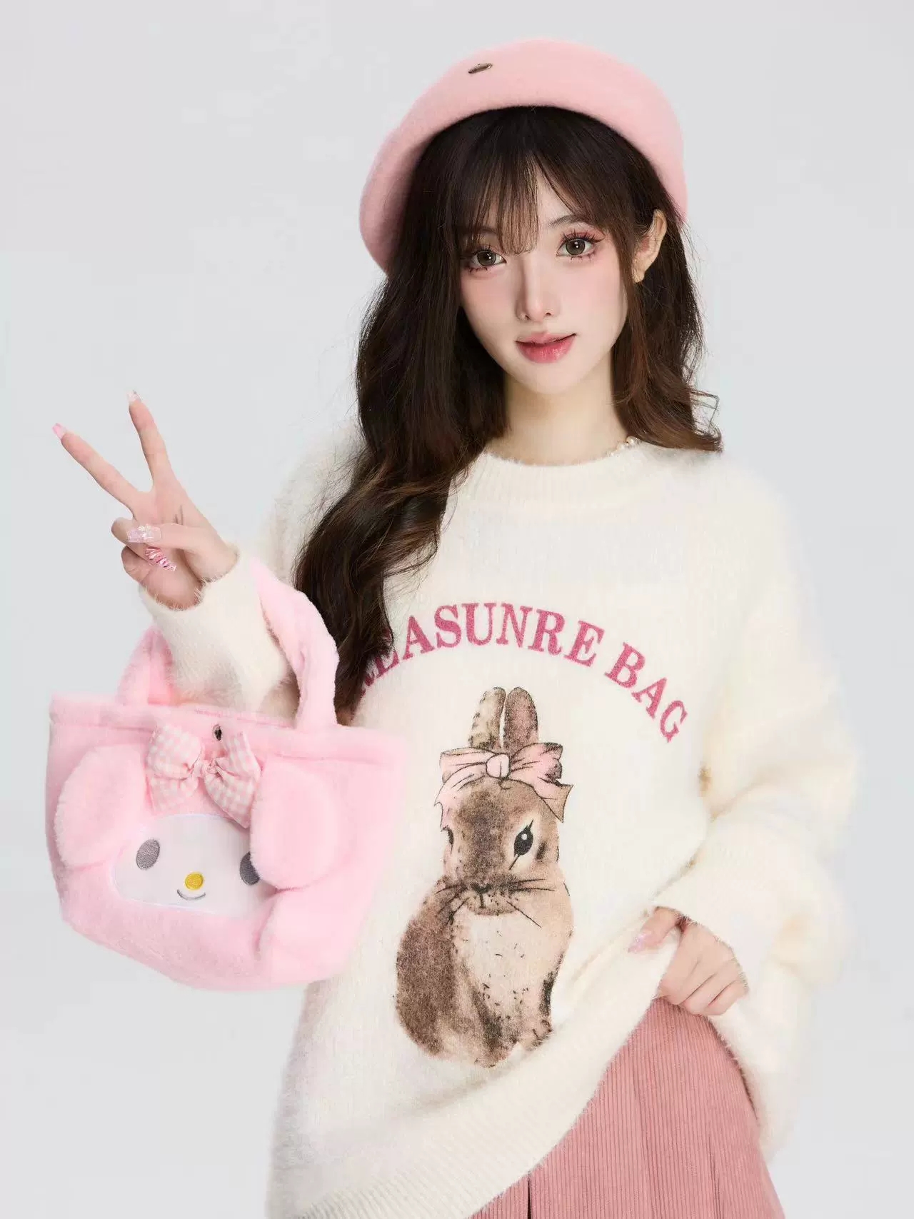 Lazy style rabbit jacquard sweater for women in autumn and winter loose thickened long-sleeved off-shoulder sweater plush velvet top for outer wear