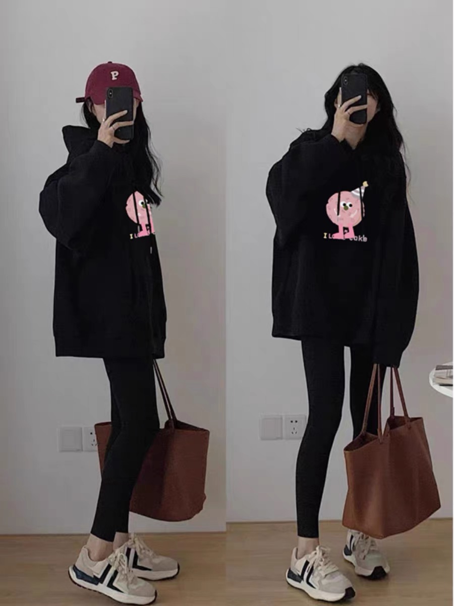 慵懶風衛衣美式連帽套裝女秋冬季國風oversize高端黑色上衣潮