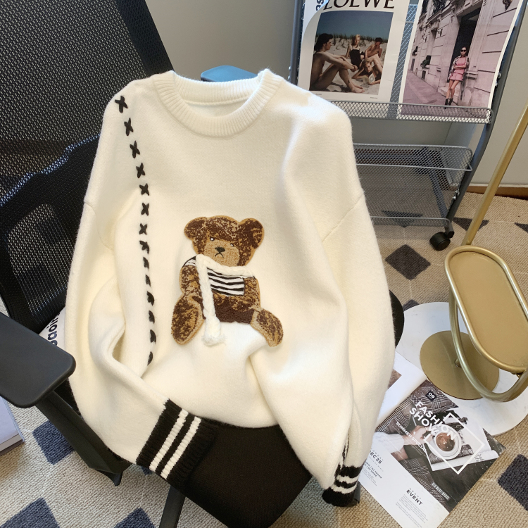綿羊絨 韓系小熊套頭毛衣女秋冬高級感外穿寬鬆顯瘦針織衫上衣
