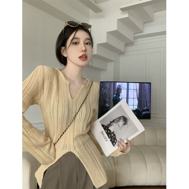 韓系時髦針織打底衫女春季內搭純欲辣妹修身顯瘦開叉杏色長袖上衣