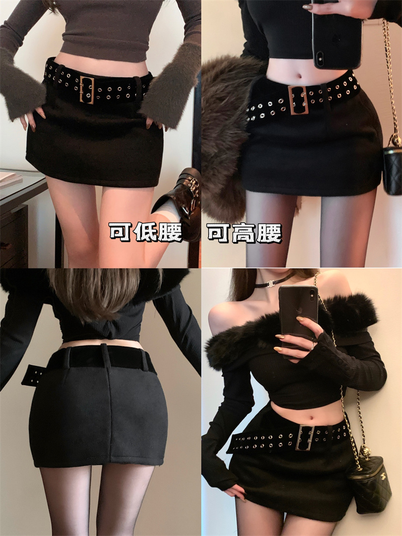 Real shot of hot girl design black high-waisted wide-belt skirt short skirt bottoming skirt sexy a-line skirt for women