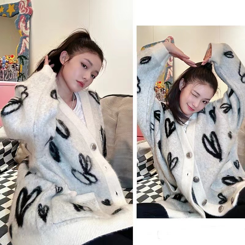 林允同款針織開衫小眾V領馬海毛愛心慵懶風毛衣外套女