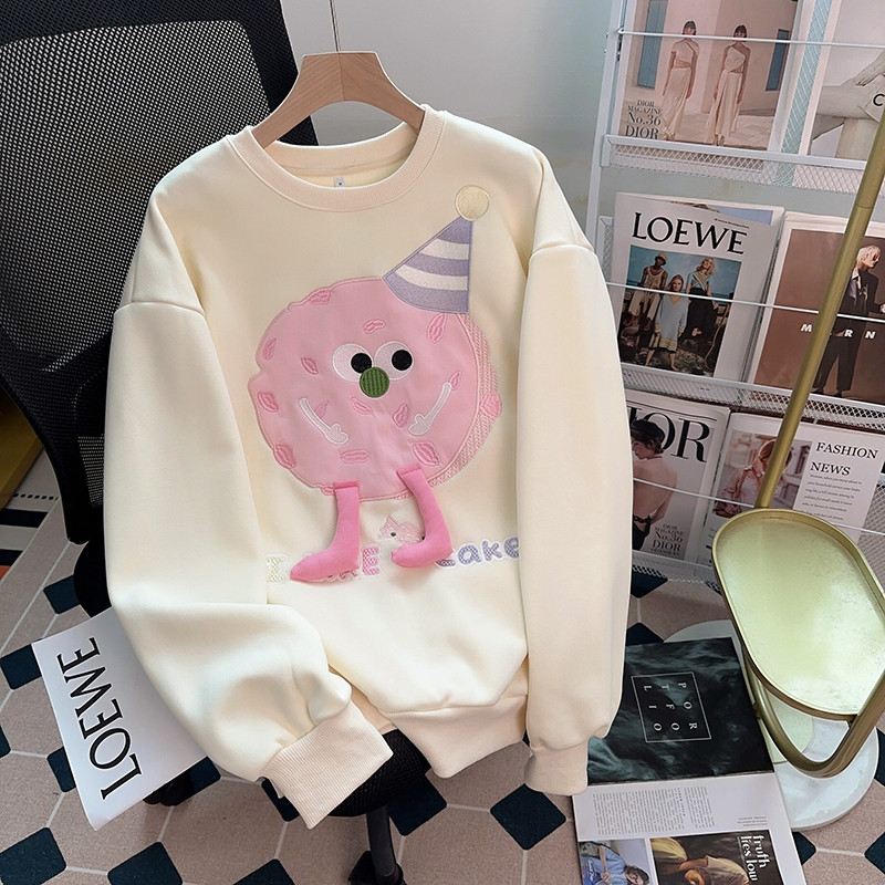 首發實拍複合真超加絨加厚400克衛衣女立體裝飾刺繡圓領保暖上衣
