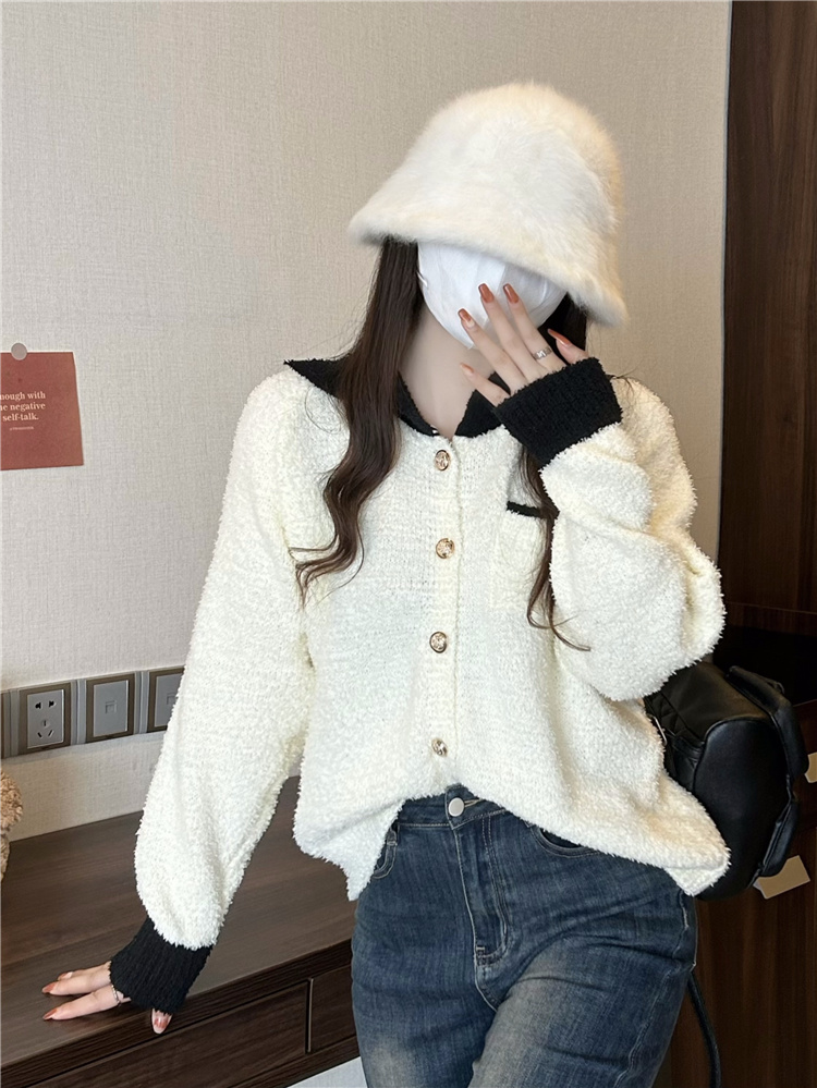 實拍~秋冬新款溫柔風圈圈毛撞色翻領小香風毛衣外套上衣女