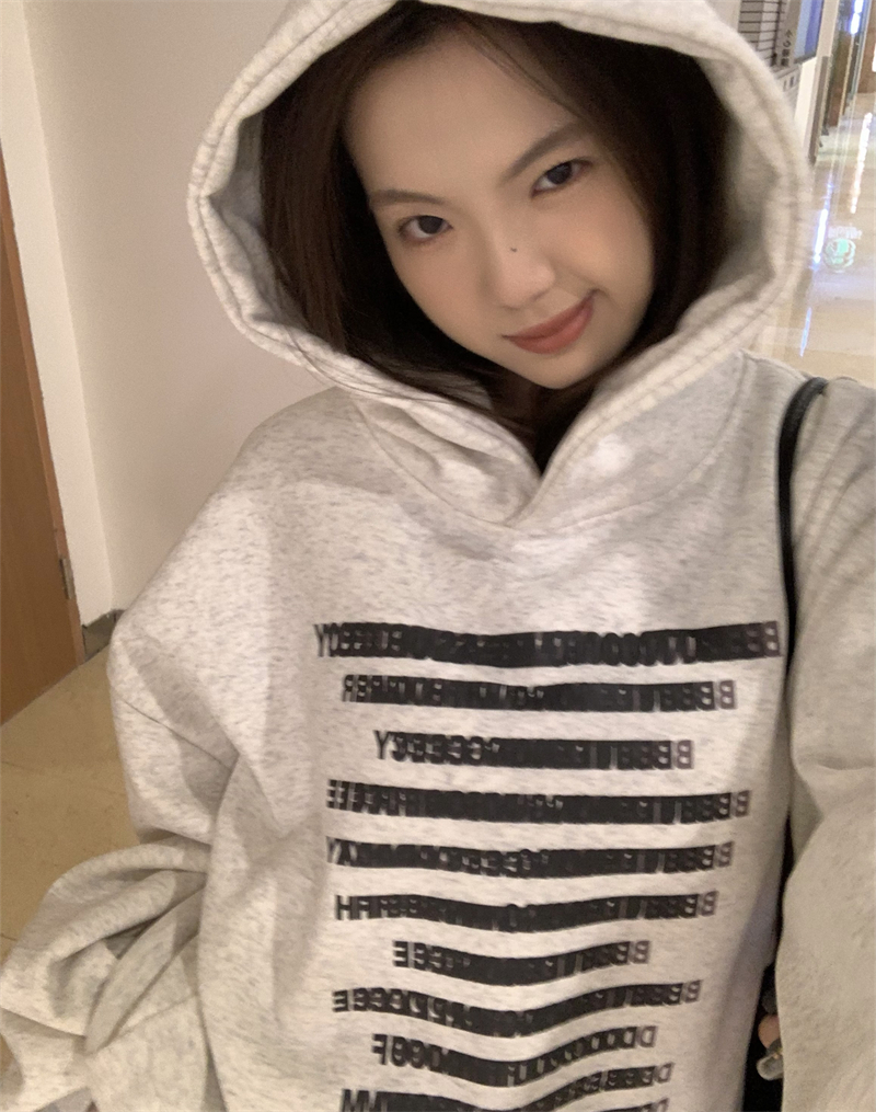 實拍~美式復古慵懶字母印花寬鬆連帽加絨衛衣
