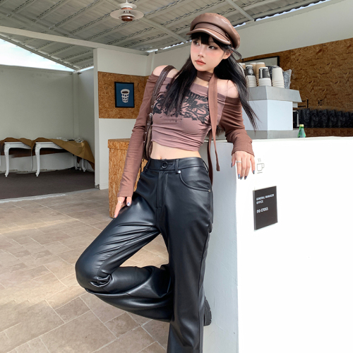 Actual shot of European and American retro hottie bell-bottom pants, versatile slim fit, floor-length leather pants, casual pants, new trousers for women, longer