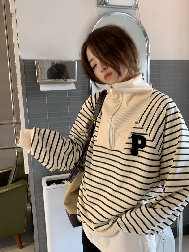 實拍 秋冬新款半拉鏈條紋百搭休閒衛衣女設計感小眾寬鬆長袖上衣