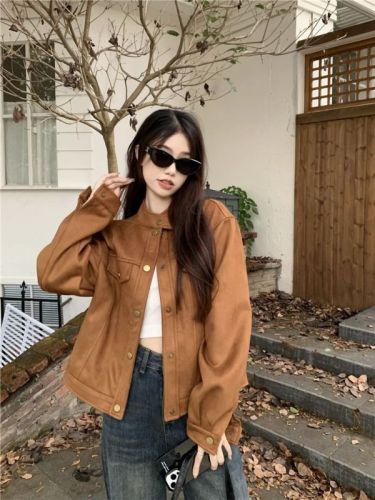 French retro brown long-sleeved fashionable loose thickened versatile single-breasted jacket