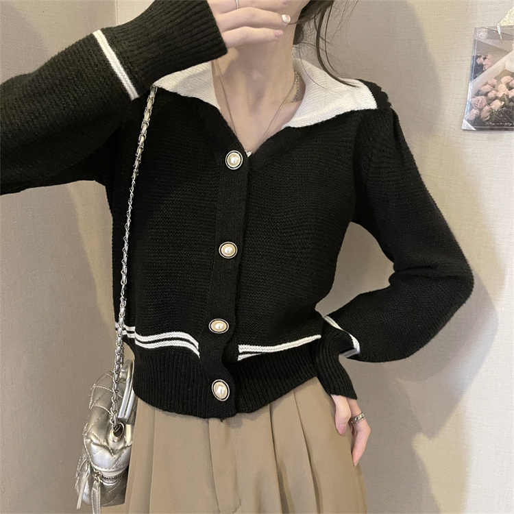Real shot of contrast collar lantern sleeve knitted sweater for women with waist design, chic and fashionable cardigan top