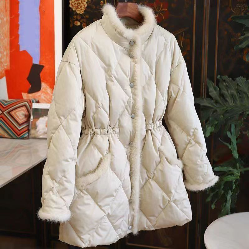 2023 winter cotton-padded jacket ins trendy long-sleeved raw edge splicing thickened waist warm cotton jacket for women