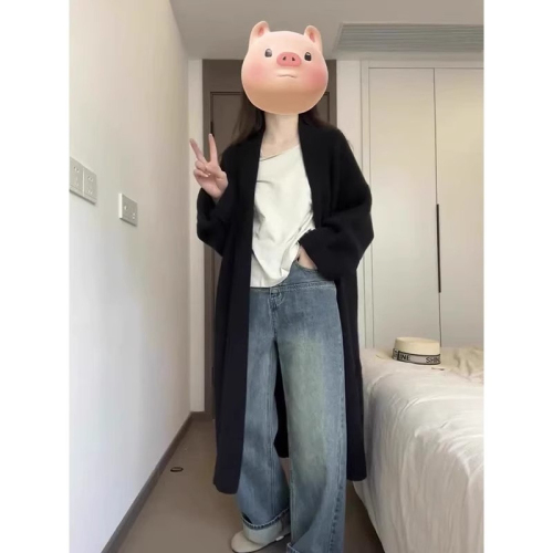 Lapel knitted jacket  new autumn Korean style commuting mid-length long-sleeved lazy style sweater knitted jacket