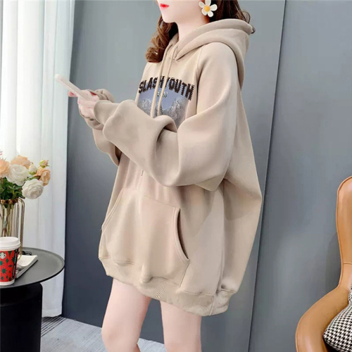 Hooded letter print mid-length velvet sweatshirt 2023 autumn and winter new age-reducing tops and jackets for women loose