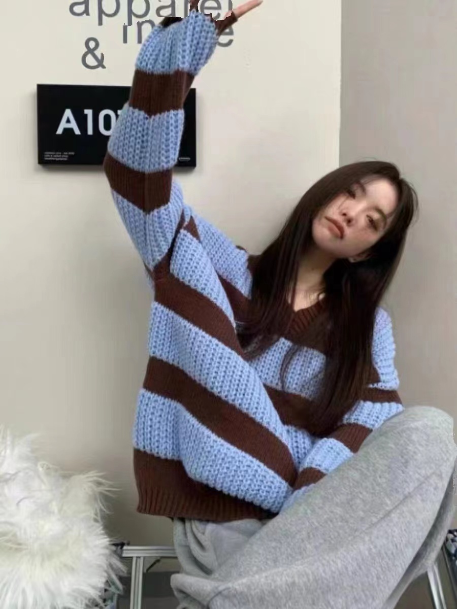 High quality Korean style lazy style contrast striped sweater women's niche temperament pullover versatile V-neck long-sleeved top