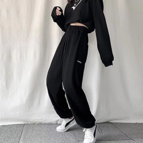 Dark gray spring and autumn sports pants for women, wide, loose, casual, Korean style, versatile, preppy style long pants for girls