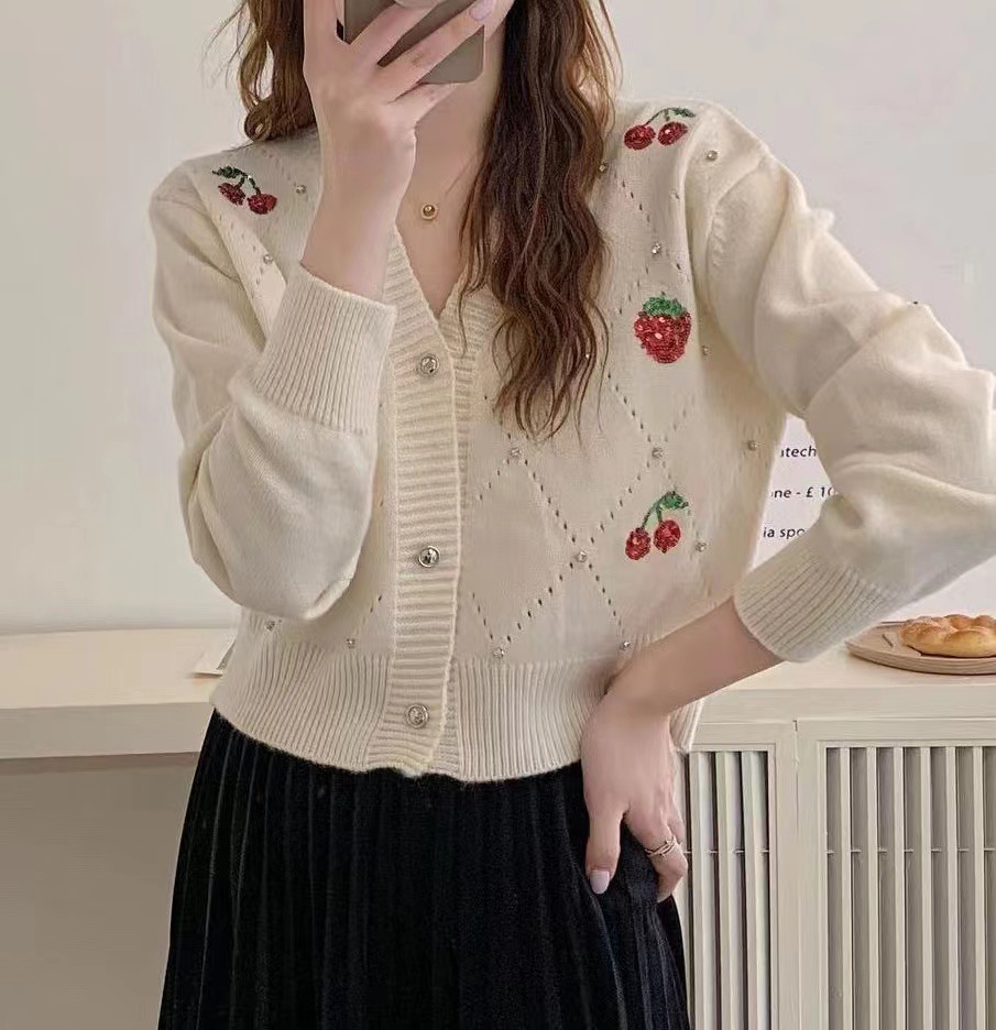 韓版新款春秋季新款V領氣質小眾水果刺繡短款針織開衫上衣女