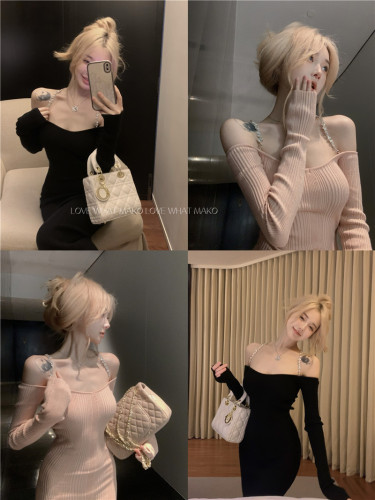 Real shot ~ Pure Desire Hot Girl Customized Halter Neck Diamond Chain One-Shoulder Knitted Bag Butt-Showing Long Dress