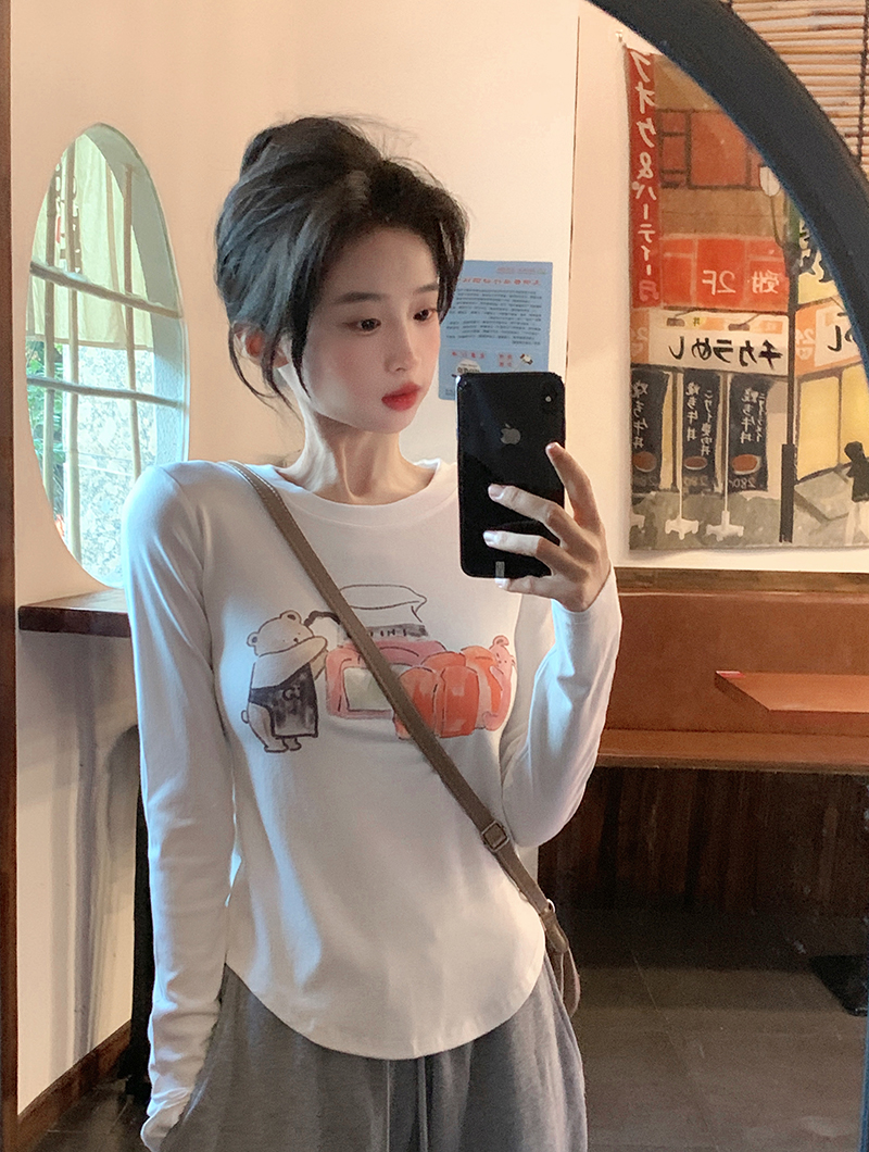 原創~實拍~圓領印花修身顯瘦百搭長袖T恤衫秋季