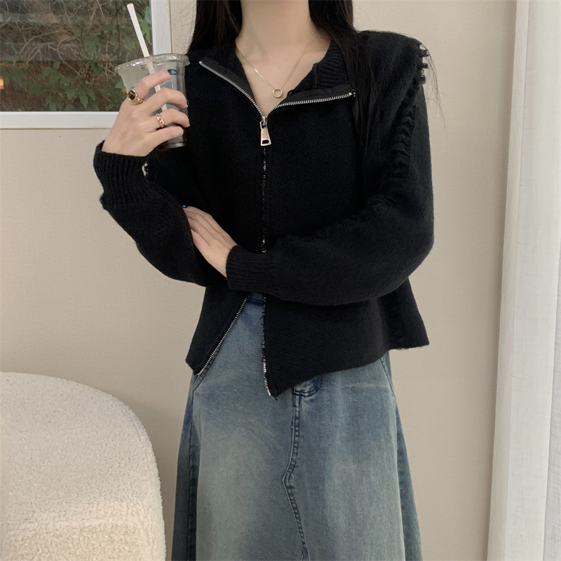 Actual shot of new autumn and winter zipper sweater knitted cardigan top with zippers on both sides