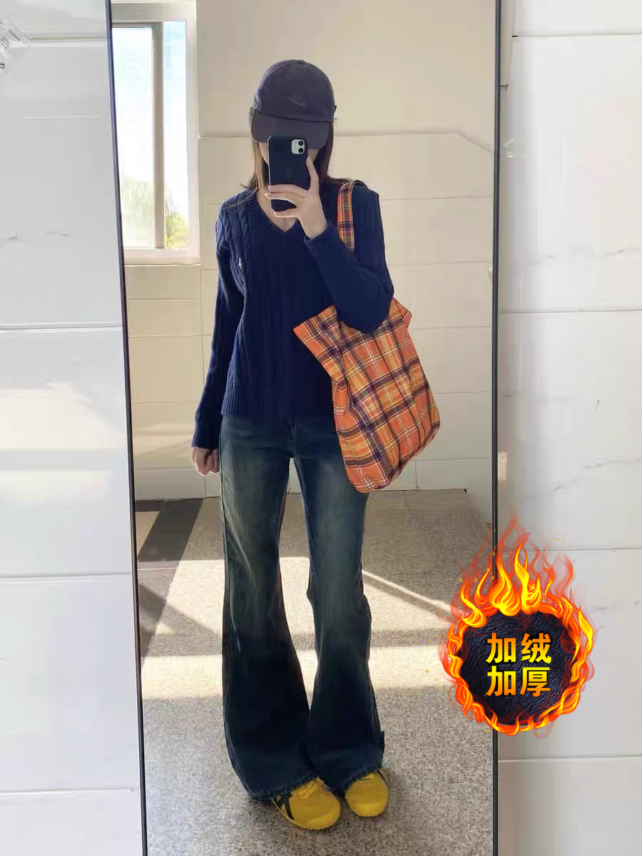 加絨加厚微喇叭牛仔褲女秋冬新款美式復古高腰顯瘦直筒闊腿拖地褲