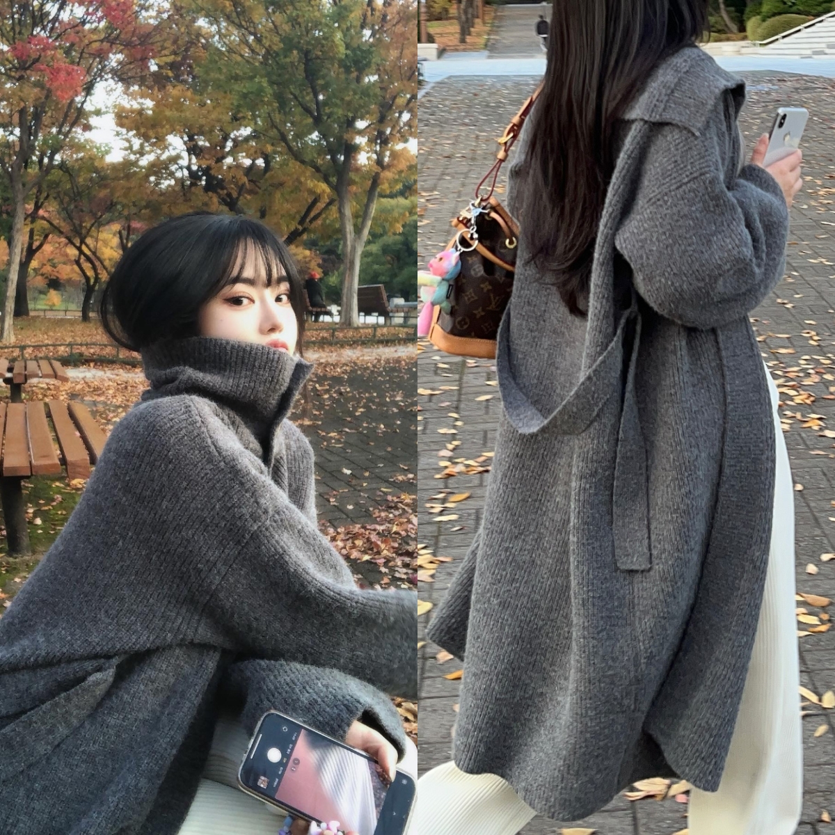 INS Korea Dongdaemun!  Lazy style, high-end stand-up collar and belted sweater jacket, slim long coat
