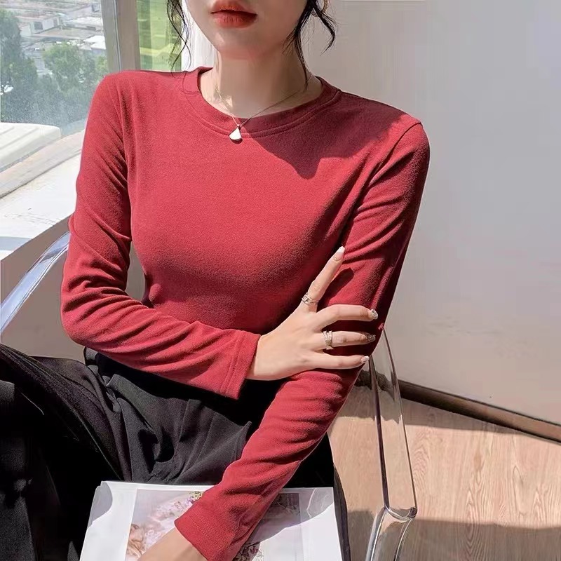 秋冬2023年韓版簡約純色修身顯瘦圓領內搭打底長袖T恤女打底衫