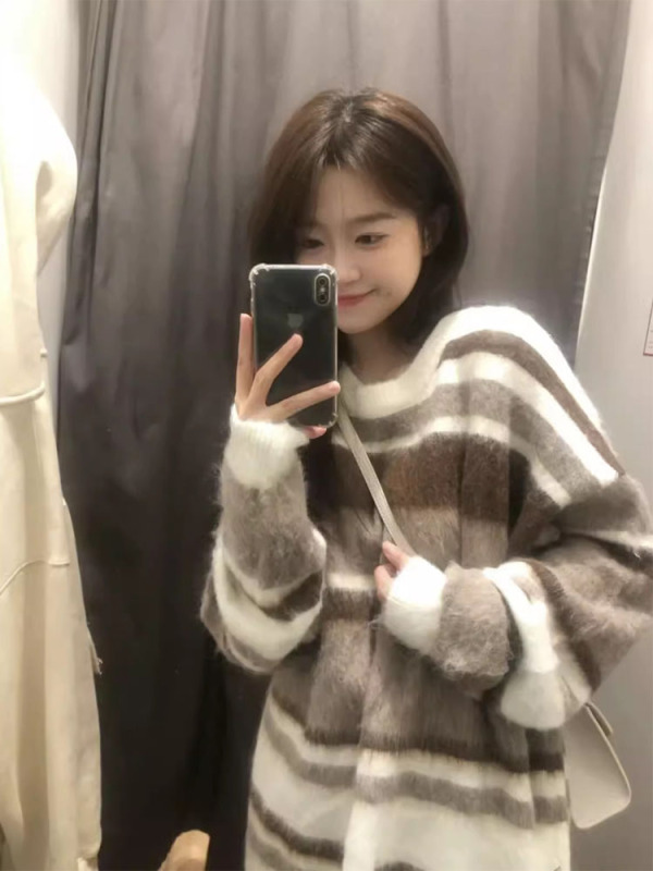 慵懶風復古棕咖色條紋毛衣女秋冬2023新款氛圍感寬鬆外穿針織衫潮