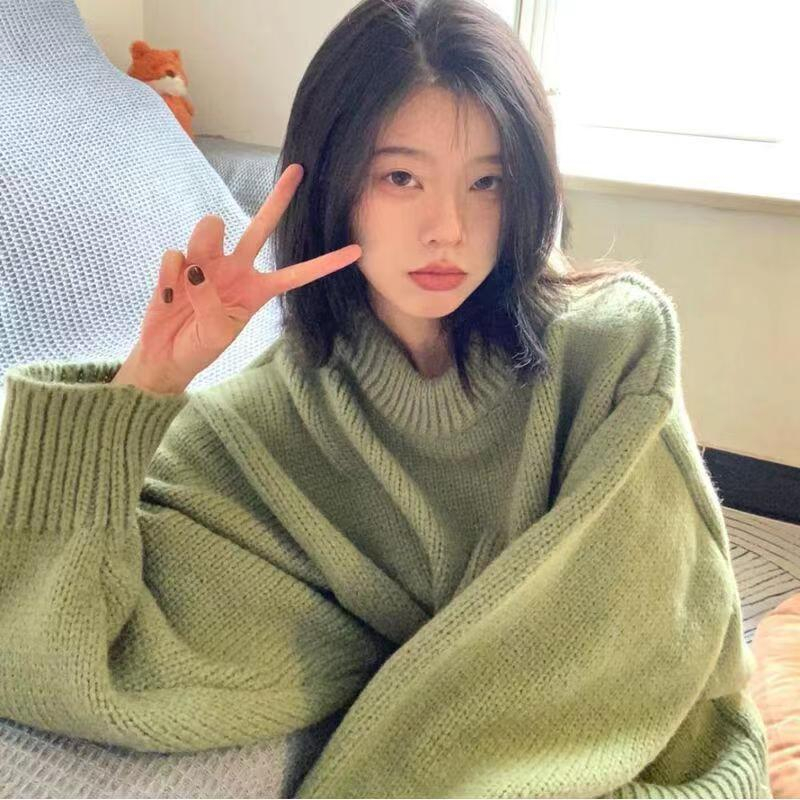 日系復古慵懶風圓領套頭毛衣女秋冬寬鬆加厚長袖針織衫上衣女外穿