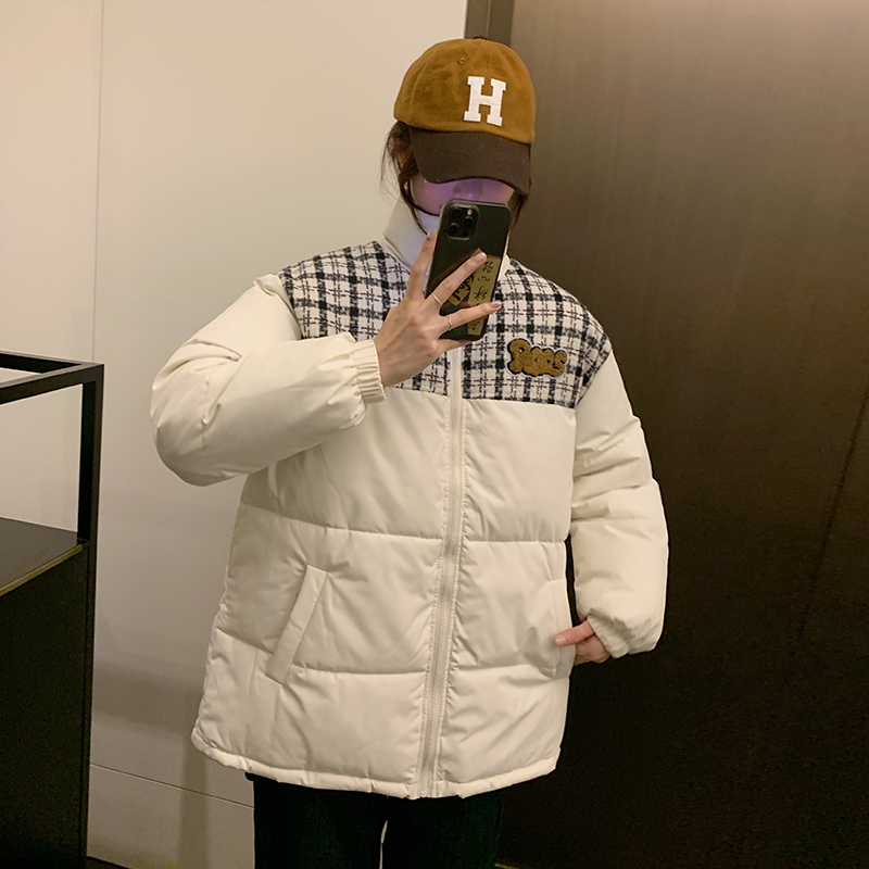 實拍韓國麵包服棉衣女冬季拼接立領小個子短款羽絨服bf棉服外套潮