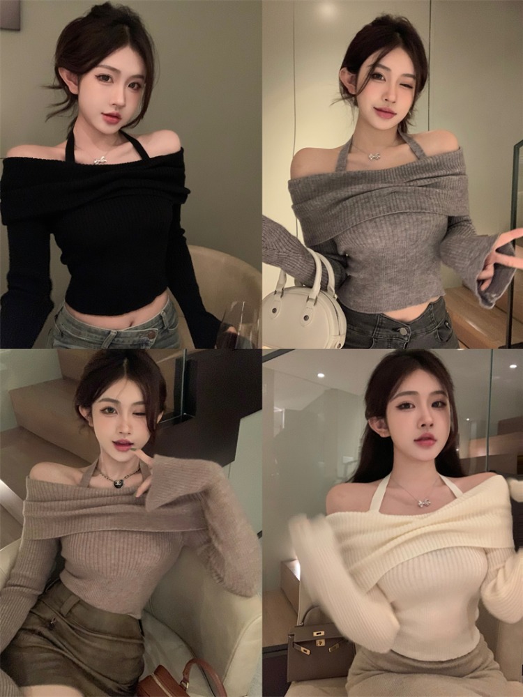 Pure Desire Autumn Slim One Shoulder Retro Halter Knitted T-Shirt New Long Sleeve Top Female Hot Girl Design