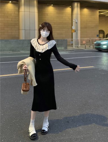 Actual shot of new autumn and winter styles~French retro contrasting lotus leaf collar long-sleeved dress with temperament knitted skirt for women