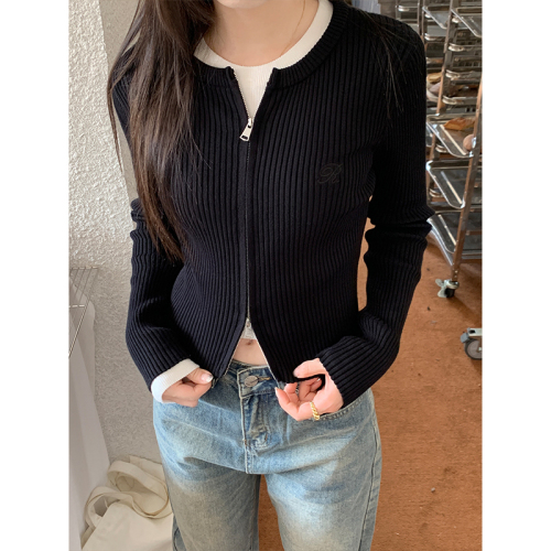 Real shot of Korean style slim design original double-ended zipper knitted cardigan  new short slim top