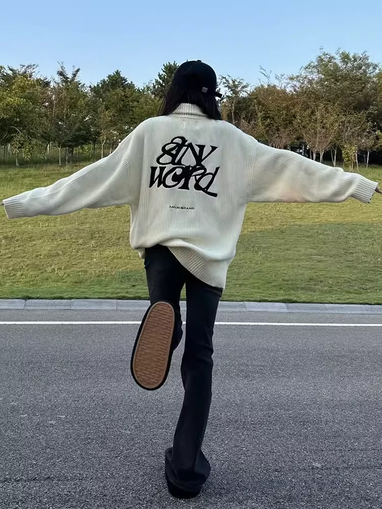 American slogan embroidered high collar zipper cardigan sweater for women autumn and winter couple style high-end loose knitted sweater jacket