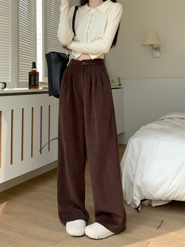 Real shot of corduroy straight-leg pants, casual pants for women, early autumn, high-waisted, slimming, wide-leg pants, versatile floor-sweeping pants.