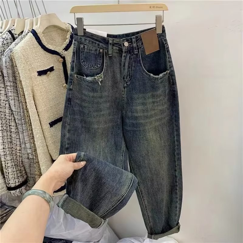 梨型身材大碼復古高腰哈倫牛仔褲女秋季胖妹妹顯瘦寬鬆遮肉老爹褲