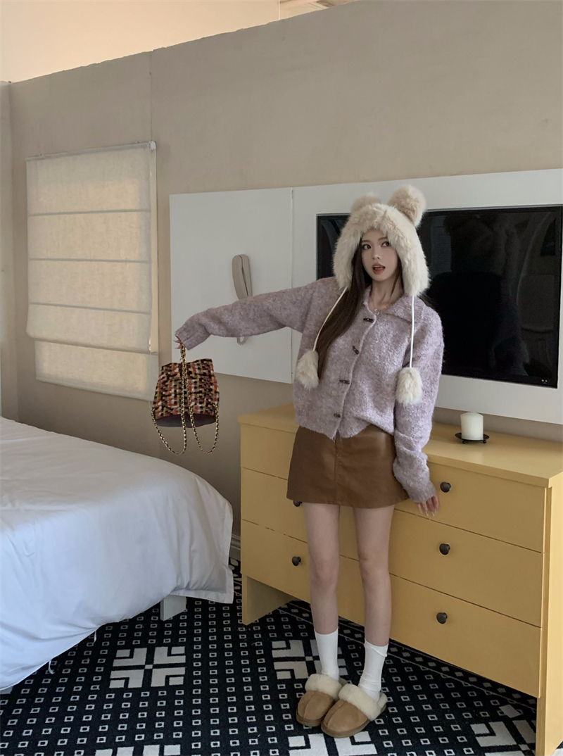 實拍：復古甜美辣妹香芋紫牛角扣美拉絨長袖開衫外套毛衣女