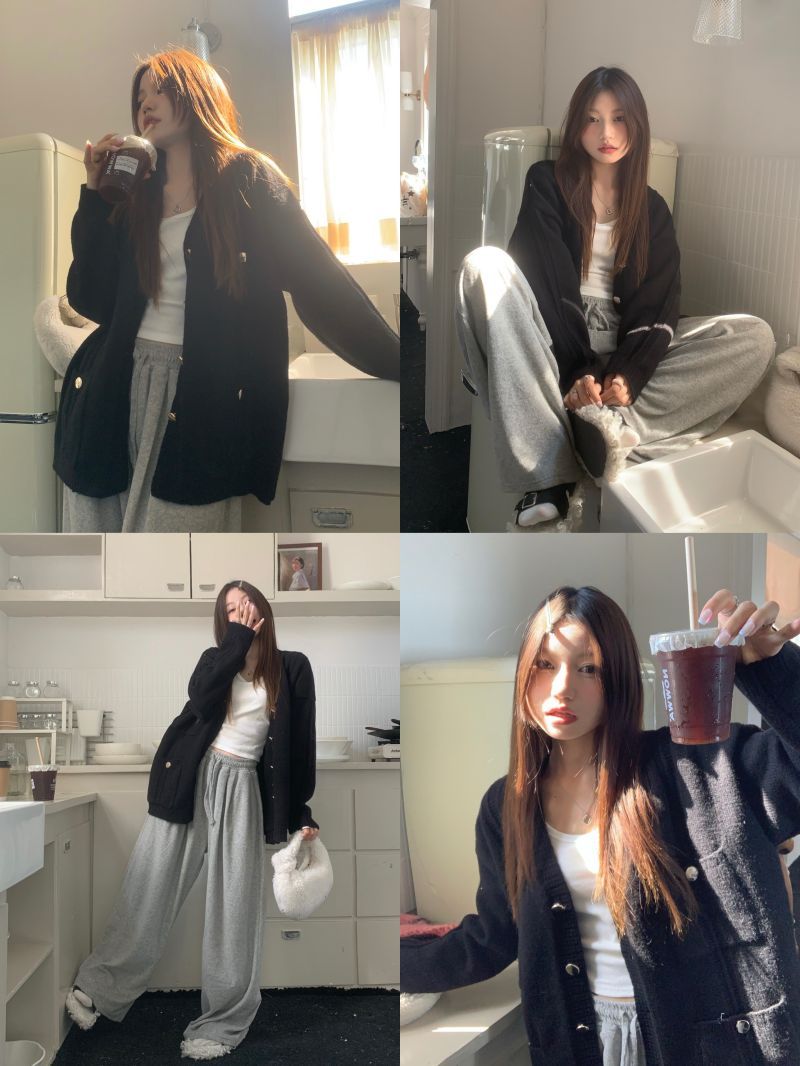 Real shot of three standard V-neck small fragrant style heavy craftsmanship lazy cardigan sweater jacket