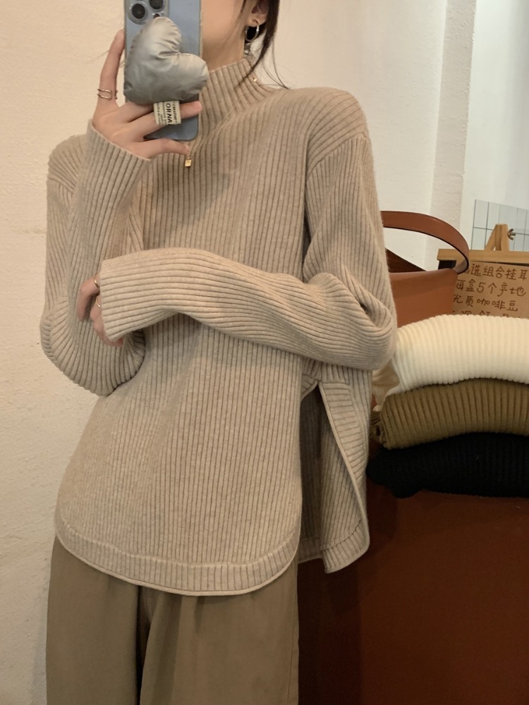 秋冬加厚半高領針織毛衣女設計感小眾寬鬆慵懶疊穿質量好的打底衫