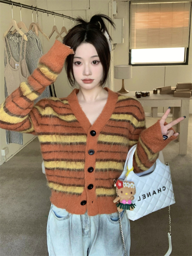 Real shot V-neck striped sweater jacket winter  new furry thickened loose contrast color sweater