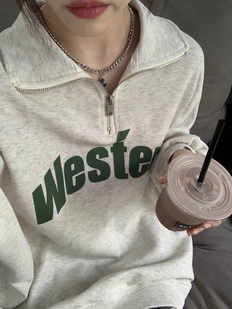 250g David's autumn and winter velvet polo collar sweatshirt for women loose Korean style niche top half zipper jacket