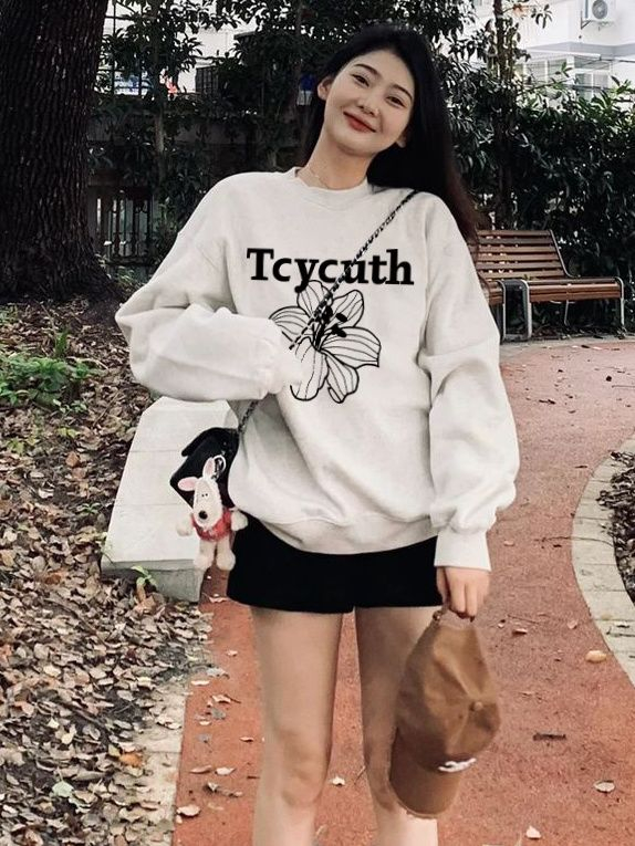 花灰色美式復古圓領衛衣女重磅春秋季2023新款加絨小個子上衣