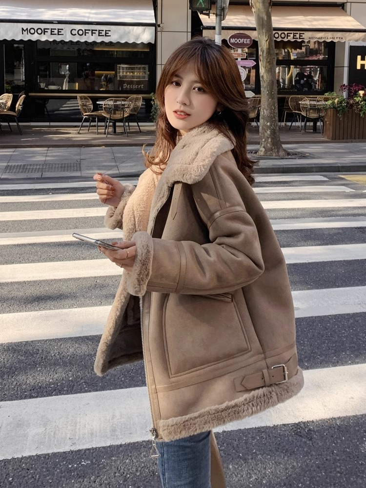 皮毛一體羊羔絨外套女冬2023新款韓版高級感仿羊羔毛麂皮絨機車服