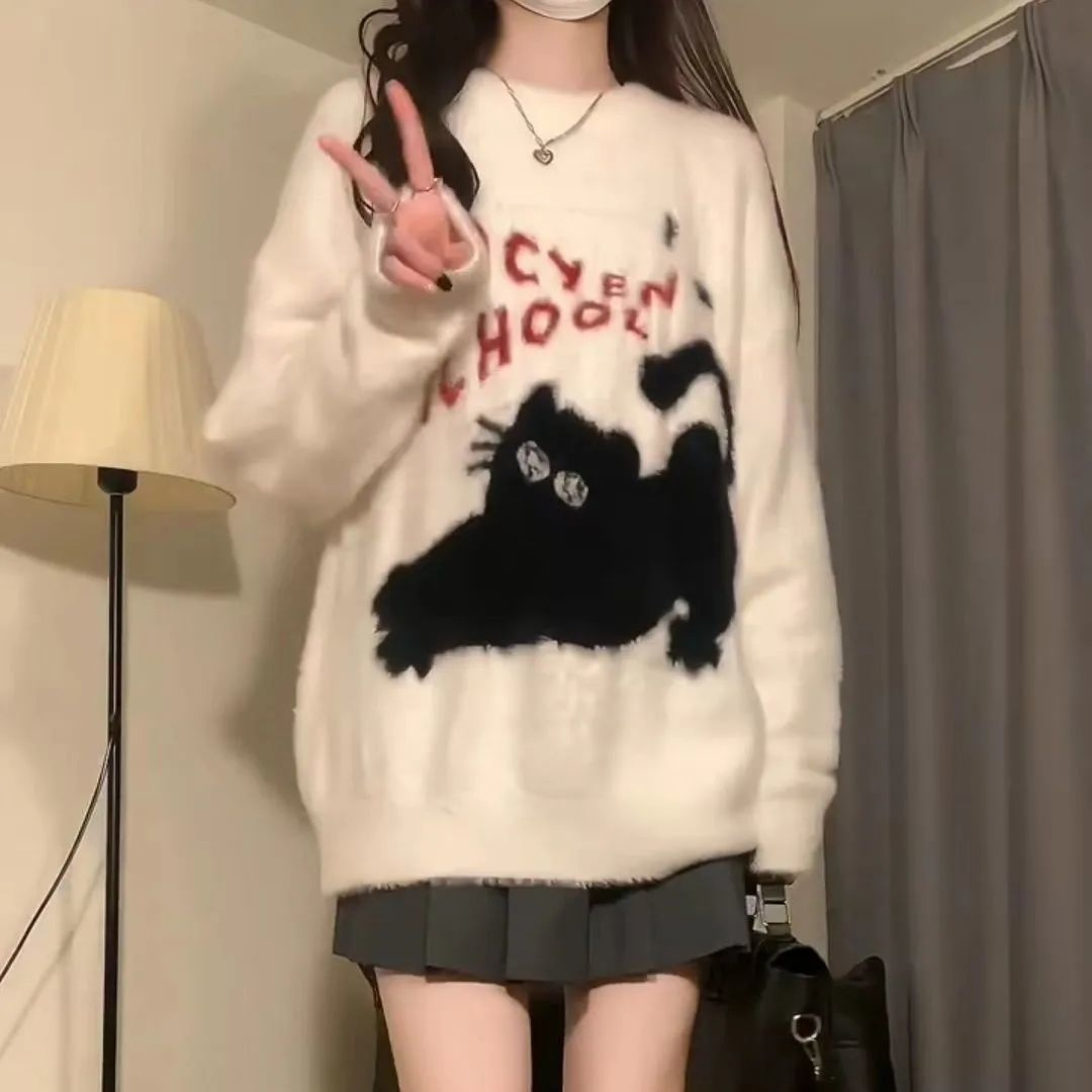 IN HOPE美式復古可愛貓咪提花馬海毛軟糯針織上衣寬鬆情侶毛衣ins
