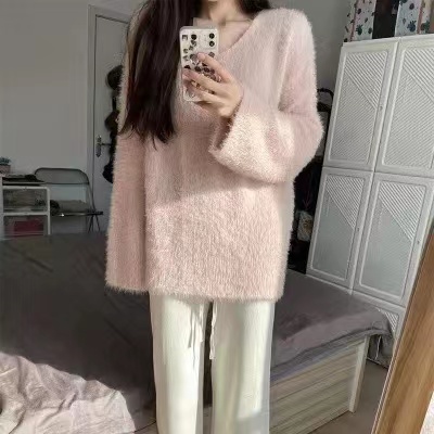 溫柔慵懶風仿水貂絨毛衣寬鬆氣質顯瘦粉色針織上衣女