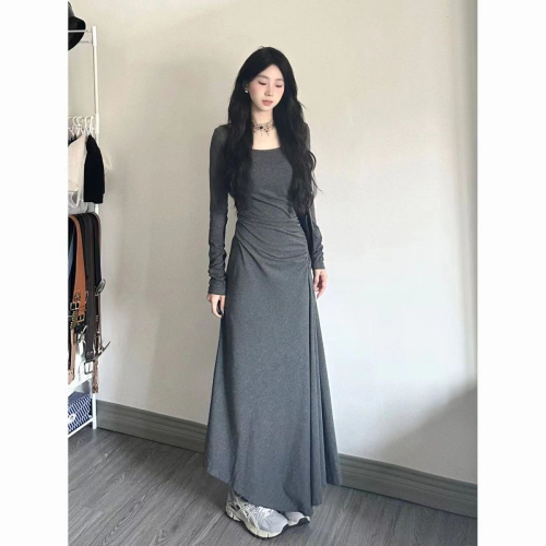 Hot Girl Pure Desire Long Sleeve Dress Women's Autumn Slim Waist Slim Gray Over-the-Knee Long Skirt Square Neck Drape Skirt